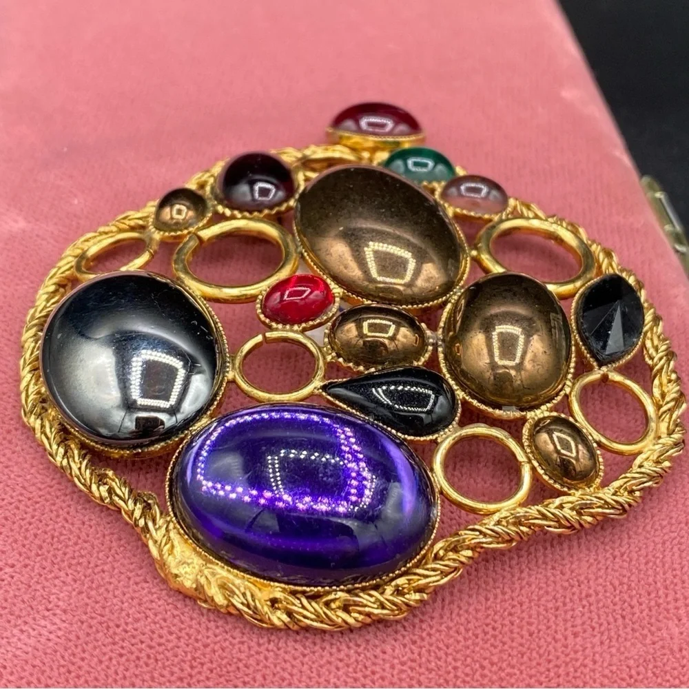 Vintage Signed FERRARI Massive Gripoix Mogul Jewel Tone Statement Brooch